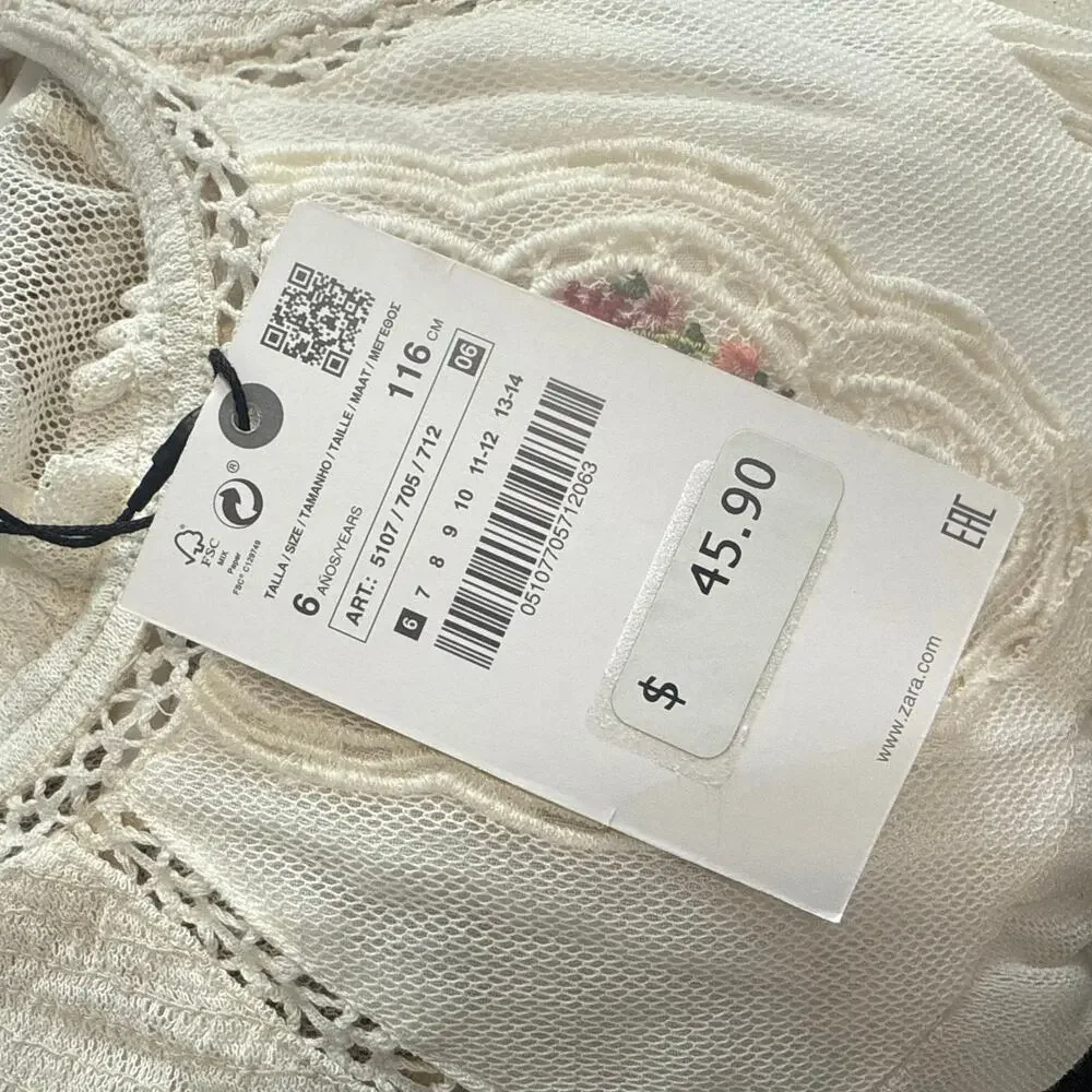 NWT Zara Girls Embroidered Prairie Dress Cream Floral Cottagecore Boho Size 6